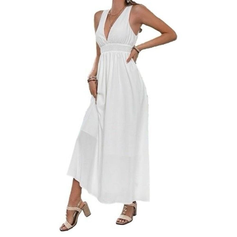 Brightly Twisted V-Neck White Maxi Dress Size S/M
